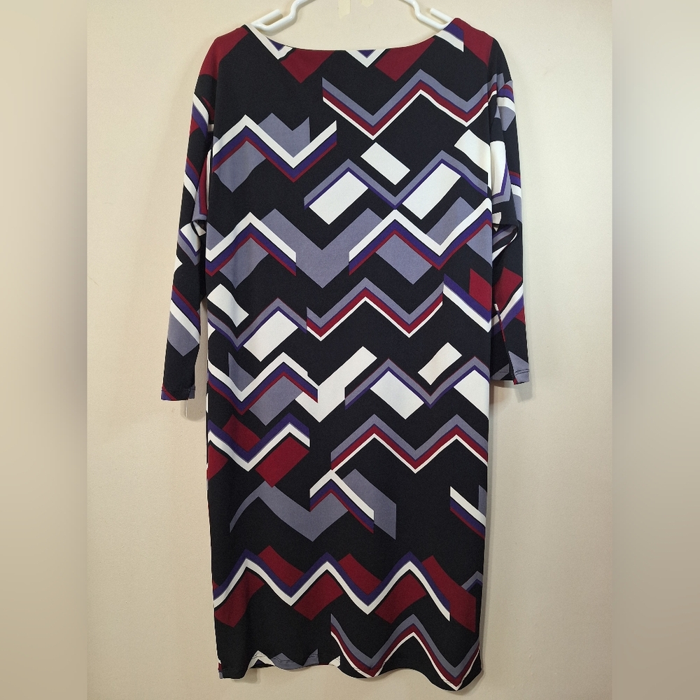 NWOT Lauren Ralph Lauren Sz 8 Zigzag Geometric Print 3/4 Sleeve Shift Dress - Picture 4 of 5
